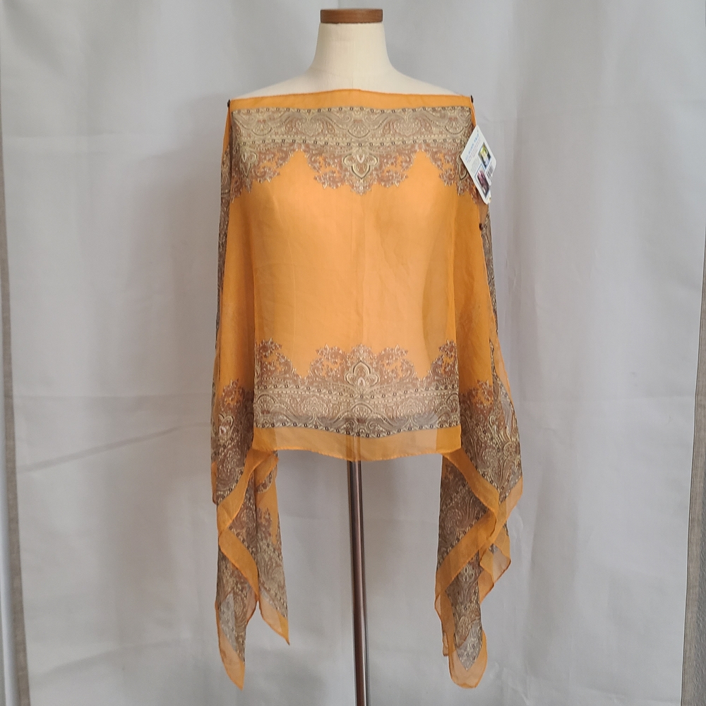 Unbrand Sz OS Orange Tan Sheer Paisley Boho Beach Swim Cover Poncho Scarf Wrap